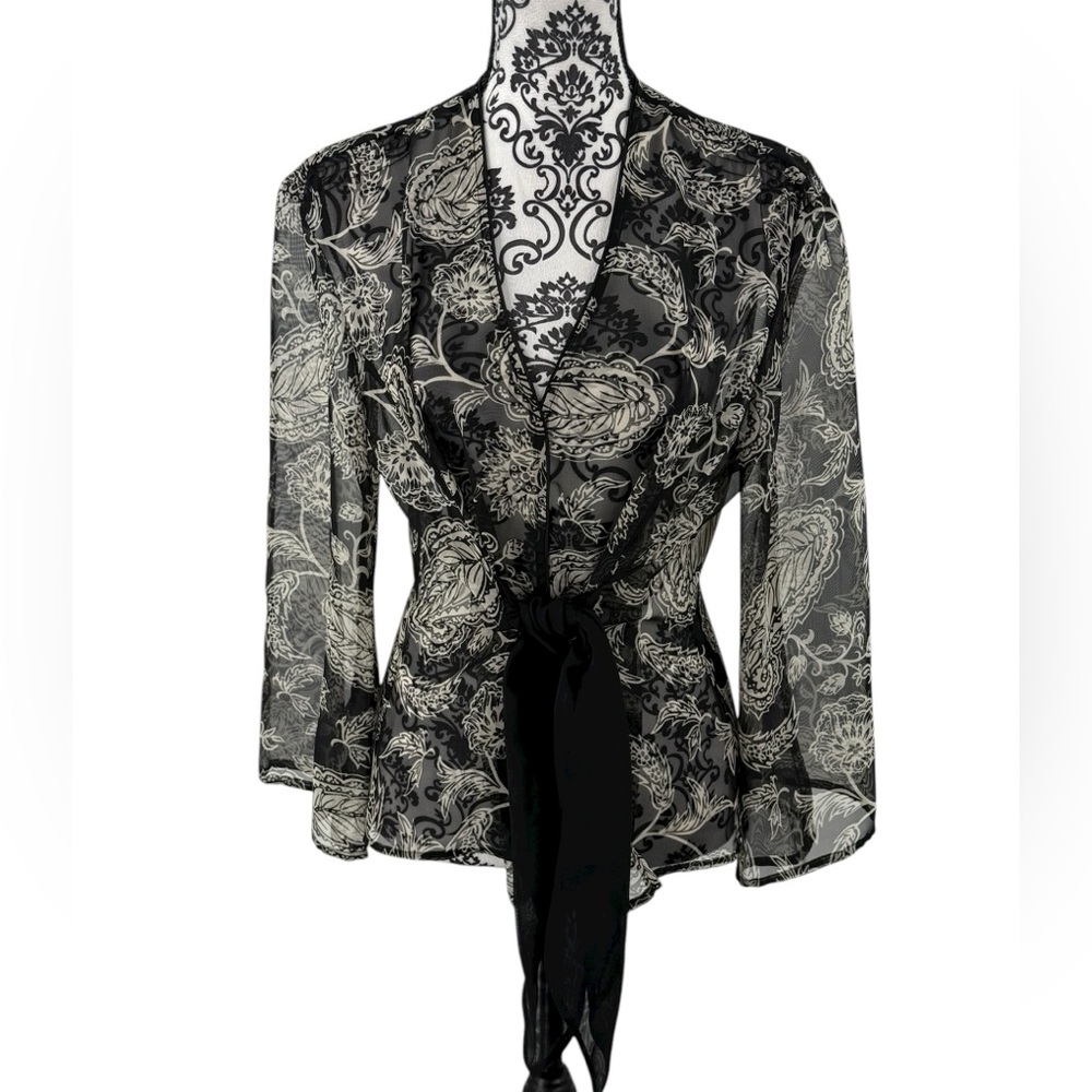 Cato Black Sheer Floral Tie Waist Chiffon Blouse Top Size L - Picture 2 of 11